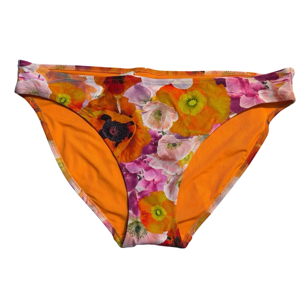 NWT Aerie Bikini Bottom Large Bright Orange Pink Floral Full Coverage Stretch - Picture 1 of 9